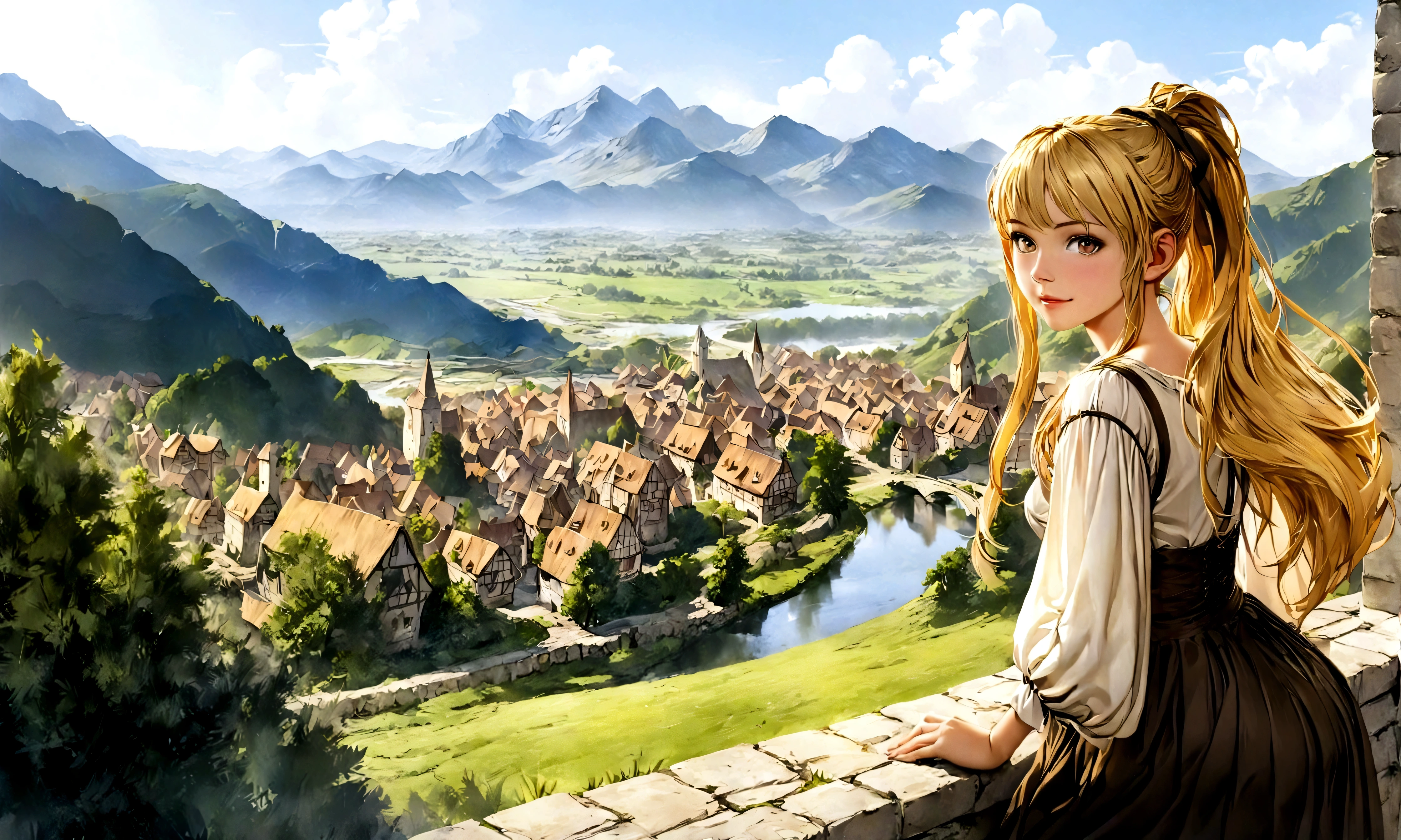 (((Top quality, 4k, 8k, high resolution, masterpiece: 1.2))), (super detailed), (realistic), (photorealistic), (photorealistic: 1.37), (HDR, UHD), (studio (lighting)), ultra-fine drawing, sharp focus, physically based rendering, highly detailed, professional, vibrant colors, perfect ditaile hand, highly detailed realistic eyes,
kawaii, qute,
(((Long shot, Panorama, Distant view, Vast landscape))), knees, feet, looking at viewer,
playing the guitar,
girls, multiple girls, one girl,
short hair, medium hair, medium length, long hair, ponytail,
red hair, blue hair, blonde hair, green hair, pink hair,
medieval European clothing, Citizen's Clothing from Medieval Europe, miniskirt, mid-length skirt, long skirt, chinos pants,
Medieval European town, Medieval European rural village, Rural grassland, Mountain view, Rural river, Irrigation canal,