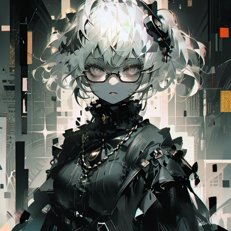Highest quality,Highest Resolution,One Woman,Big Breasts,Short Bob,Very beautiful eyes,whole body,Glasses,Colorful,Silver Hair,Brown Skin