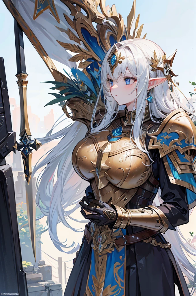 high details, best quality, 16k, [ultra detailed], masterpiece, best quality, (extremely detailed), full body, ultra wide shot, photorealistic, , fantasy art, dnd art, rpg art, realistic art, a wide angle, (((anatomically correct))) a wallpaper of an elf knight, elf warrior, princess knight, shinning knight, ready for battle with her mount (intense details, Masterpiece, best quality: 1.5), female elf (intense details, Masterpiece, best quality: 1.5), ultra detailed face, ultra feminine, fair skin, exquisite beauty, gold hair, long hair, wavy hair, small pointed ears, dynamic eyes color, wearing heavy mech armor, shinning metal, armed with elven sword, green meadows, blue skies background and some clouds background depth of field (intricate details, Masterpiece, best quality: 1.5), full body (intricate details, Masterpiece, best quality: 1.5), high details, best quality, highres, ultra wide angle, mecha