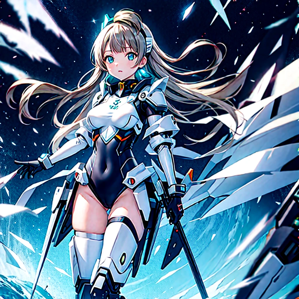 masterpiece, high quality, Minami Kotori, who has been turned into a mechanical body cyborg、Gynoid cyborg body modification surgery、mechanical parts、Blue and white leotard armor、solo focus、Single image、from front, full body、Mechabare、The body cover is open, exposing the precision machinery.、Black background