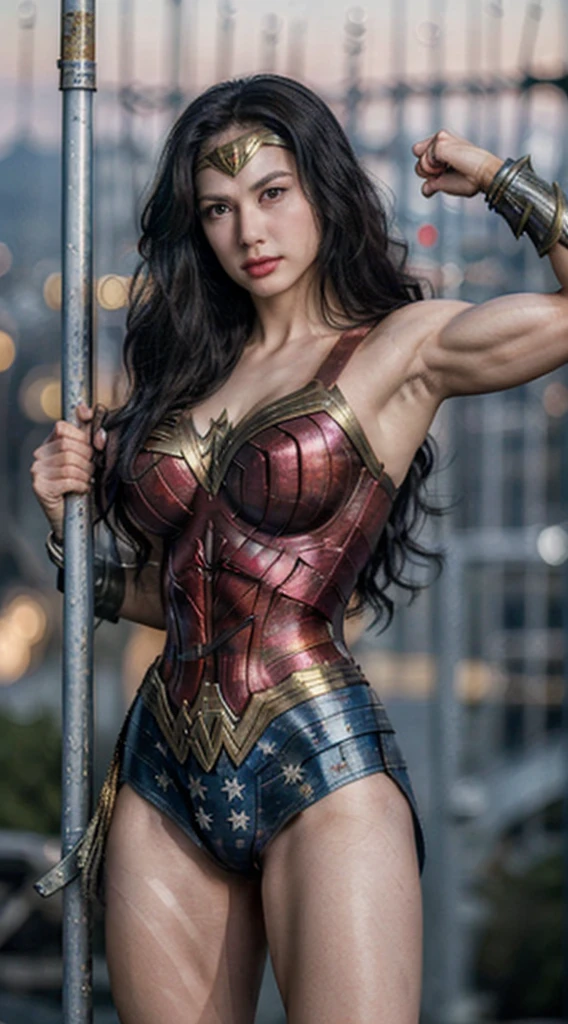 8k , Realistic , ((masterpiece:1.1)) , 20 Yearsold , Wonder Woman Detail Costume , ((breasts:1.3)) , ((muscles:1.4)) , Armpits , Sweaty Body , Extremely Detailed , Chaos City Background , Look to Viewer , In Action , 2 Hand Hanging on an Iron Pole , Wonder Women Mech Sword , ((roundbokeh:1.2))