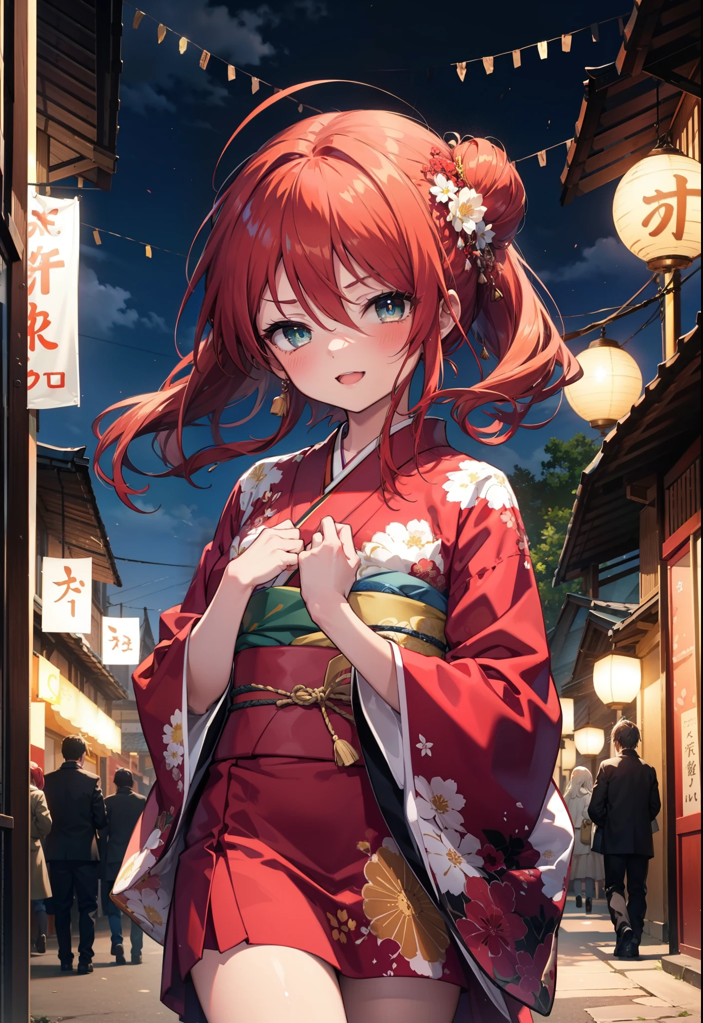 Shana,灼眼のShana,Long Hair, Red hair,Red eyes,Ahoge,smile,blush,Open your mouth,Hair Bun, single Hair Bun,blush,Red Kimono,Thick sleeves,Red long skirt,日本のfestival,夏festivalの屋台,Red lantern,So that the whole body goes into the illustration,Walking,　　　　　　　　　　　  break looking at viewer, Upper Body (Cowboy Shot:1. 5),  　　　　　　　　　　　　　　　　　　break outdoors, shrine,festival, 　　　　　　　　　　　　　break (masterpiece:1.2), Highest quality, High resolution, unity 8k wallpaper, (shape:0.8), (Beautiful and beautiful eyes:1.6), Highly detailed face, Perfect lighting, Highly detailed CG, (Perfect hands, Perfect Anatomy),