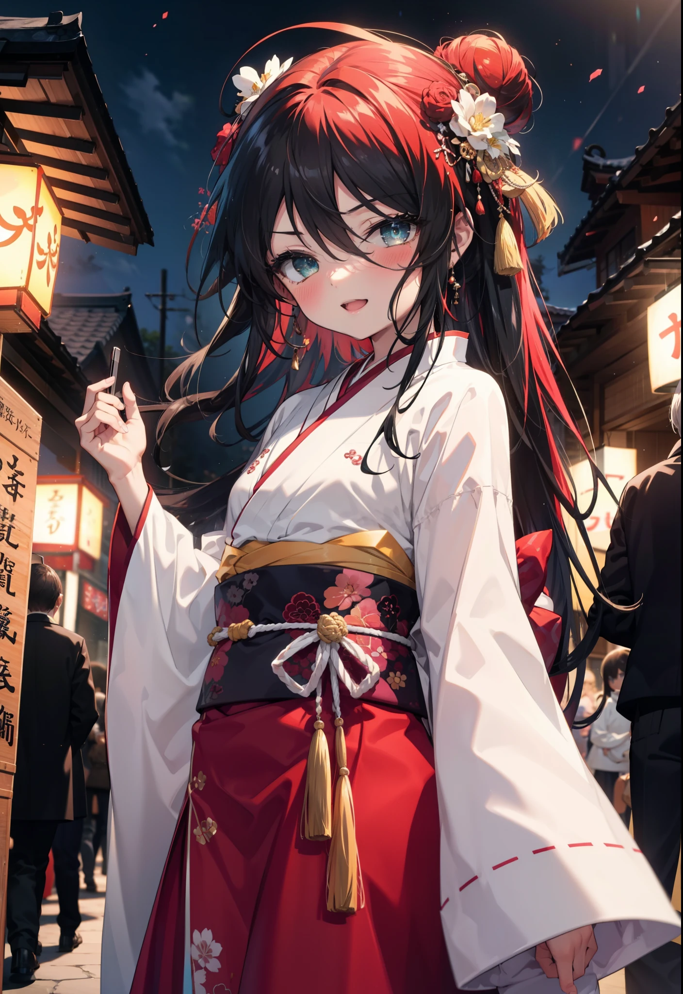 Shana,灼眼のShana,Long Hair, Red hair,Red eyes,Ahoge,smile,blush,Open your mouth,Hair Bun, single Hair Bun,blush,Red Kimono,Thick sleeves,Red long skirt,日本のfestival,夏festivalの屋台,Red lantern,So that the whole body goes into the illustration,Walking, break looking at viewer, Upper Body (Cowboy Shot:1. 5), break outdoors, shrine,festival, break (masterpiece:1.2), Highest quality, High resolution, unity 8k wallpaper, (shape:0.8), (Beautiful and beautiful eyes:1.6), Highly detailed face, Perfect lighting, Highly detailed CG, (Perfect hands, Perfect Anatomy),