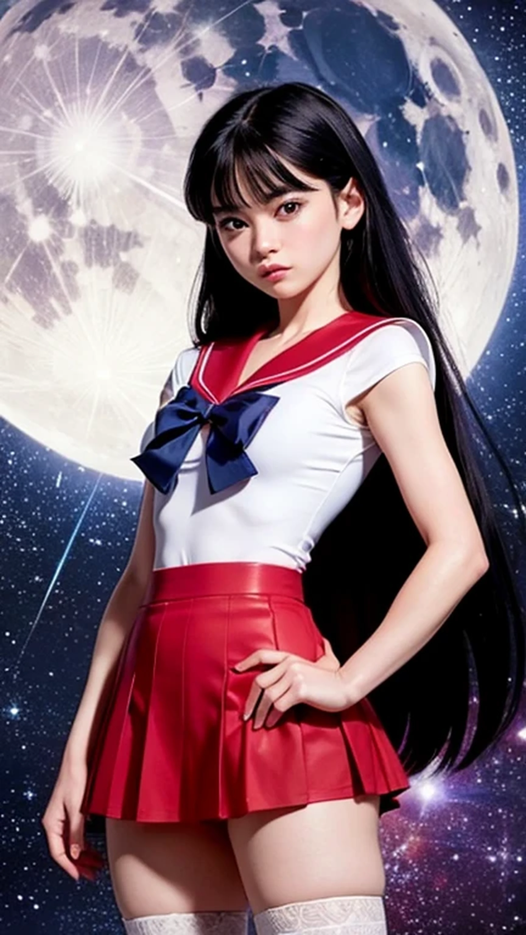 A detailed and vibrant image of a character similar to Rei Hino from Sailor Moon, standing in an iconic pose with a background of a starry night sky. She is wearing a classic sailor suit with a white skiny bodice, red skirt, black stockings, and red ribbon, white glove. With black long hair, and wearing golden tiara, and her eyes are large and expressive, showing intelligence and grace. The background includes the moon and stars to enhance the magical atmosphere