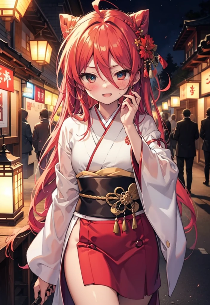 Shana,灼眼のShana,Long Hair, Red hair,Red eyes,Ahoge,smile,blush,Open your mouth,Hair Bun, single Hair Bun,blush,Red Kimono,Thick sleeves,Red long skirt,日本のfestival,夏festivalの屋台,Red lantern,So that the whole body goes into the illustration,Walking, break looking at viewer, Upper Body (Cowboy Shot:1. 5), break outdoors, shrine,festival, break (masterpiece:1.2), Highest quality, High resolution, unity 8k wallpaper, (shape:0.8), (Beautiful and beautiful eyes:1.6), Highly detailed face, Perfect lighting, Highly detailed CG, (Perfect hands, Perfect Anatomy),