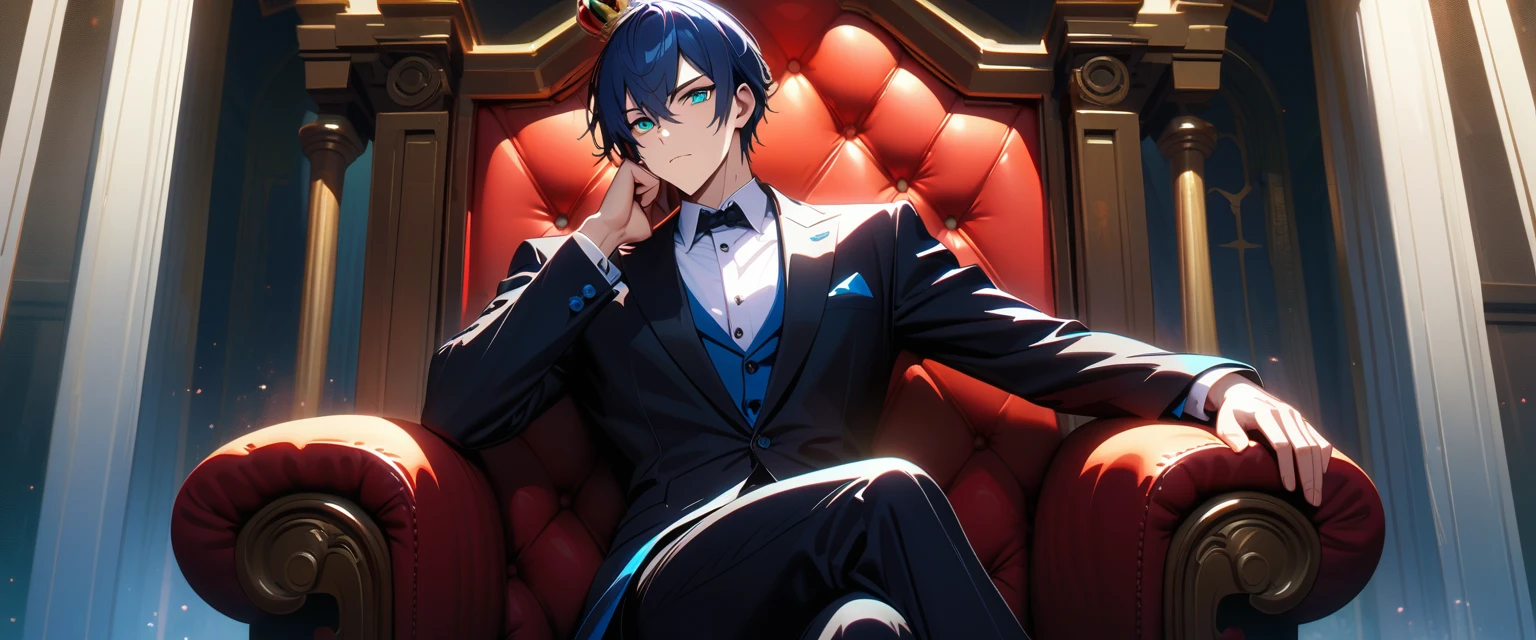 Masterpiece, Best Quality, Super Detailed, High Definition, Expensive Resolution, HDR, Super Detailed CG, Beautiful Details, Depth, Fine Texture, Super Fine, Complete concentration, Pale skin, Handsome man, smart and cool man, confident, short hair, black hair, blue hair highlight, beautiful detail eyes, emerald eyes, full details black tuxedo suit, blue trim, mini crown, 1 male, Cold face and eyes, closed mouth, ethereal atmosphere, A large throne of power and authority , intricate details, volumetric lighting, atmospheric lighting, lens flare, particles, Cinematic light, colorful light, white colors schemes, sitting on Throne of Power, fine detail, intricate, extremely detailed eyes and face, expression was arrogant and cold, Posing looks calm and powerful, crossed legs