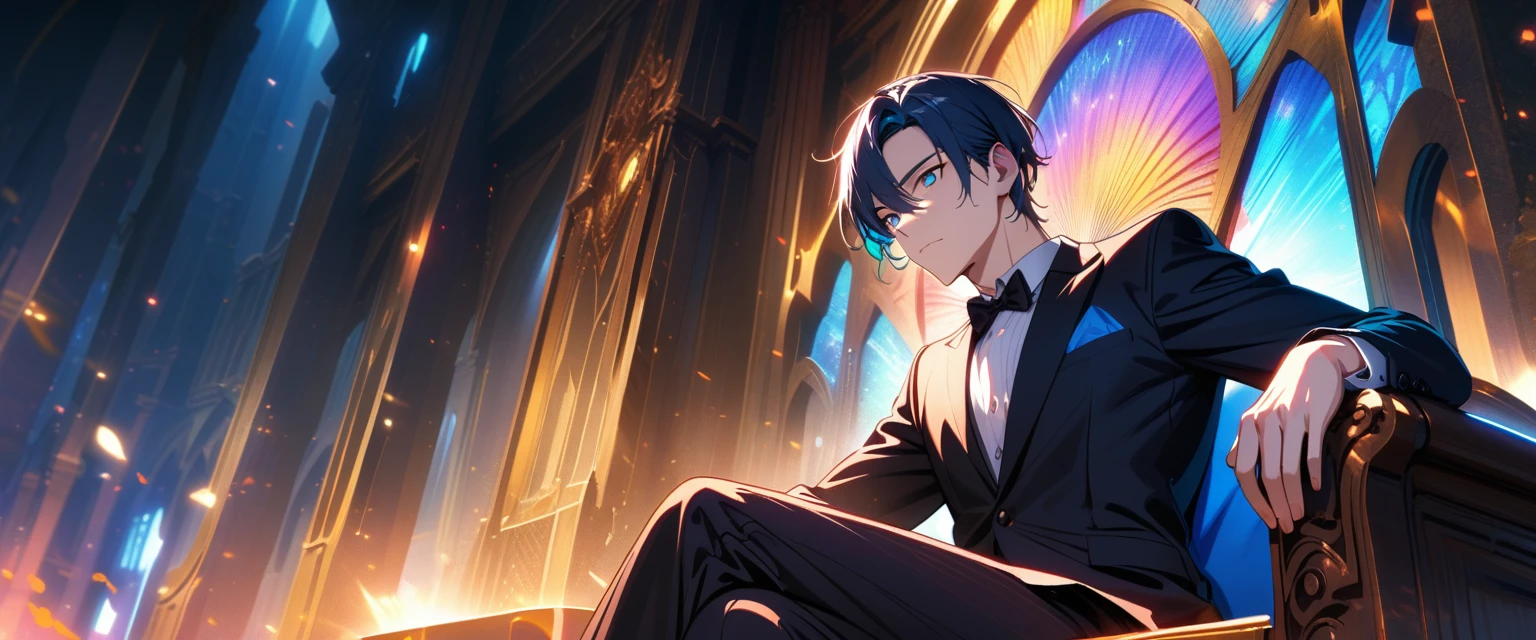 Masterpiece, Best Quality, Super Detailed, High Definition, Expensive Resolution, HDR, Super Detailed CG, Beautiful Details, Depth, Fine Texture, Super Fine, Complete concentration, Pale skin, Handsome man, smart and cool man, confident, short hair, black hair, blue hair highlight, beautiful detail eyes, emerald eyes, full details black tuxedo suit, blue trim, mini crown, 1 male, Cold face and eyes, closed mouth, ethereal atmosphere, A large throne of power and authority , intricate details, volumetric lighting, atmospheric lighting, lens flare, particles, Cinematic light, colorful light, white colors schemes, sitting on Throne of Power, fine detail, intricate, extremely detailed eyes and face, expression was arrogant and cold, Posing looks calm and powerful, crossed legs