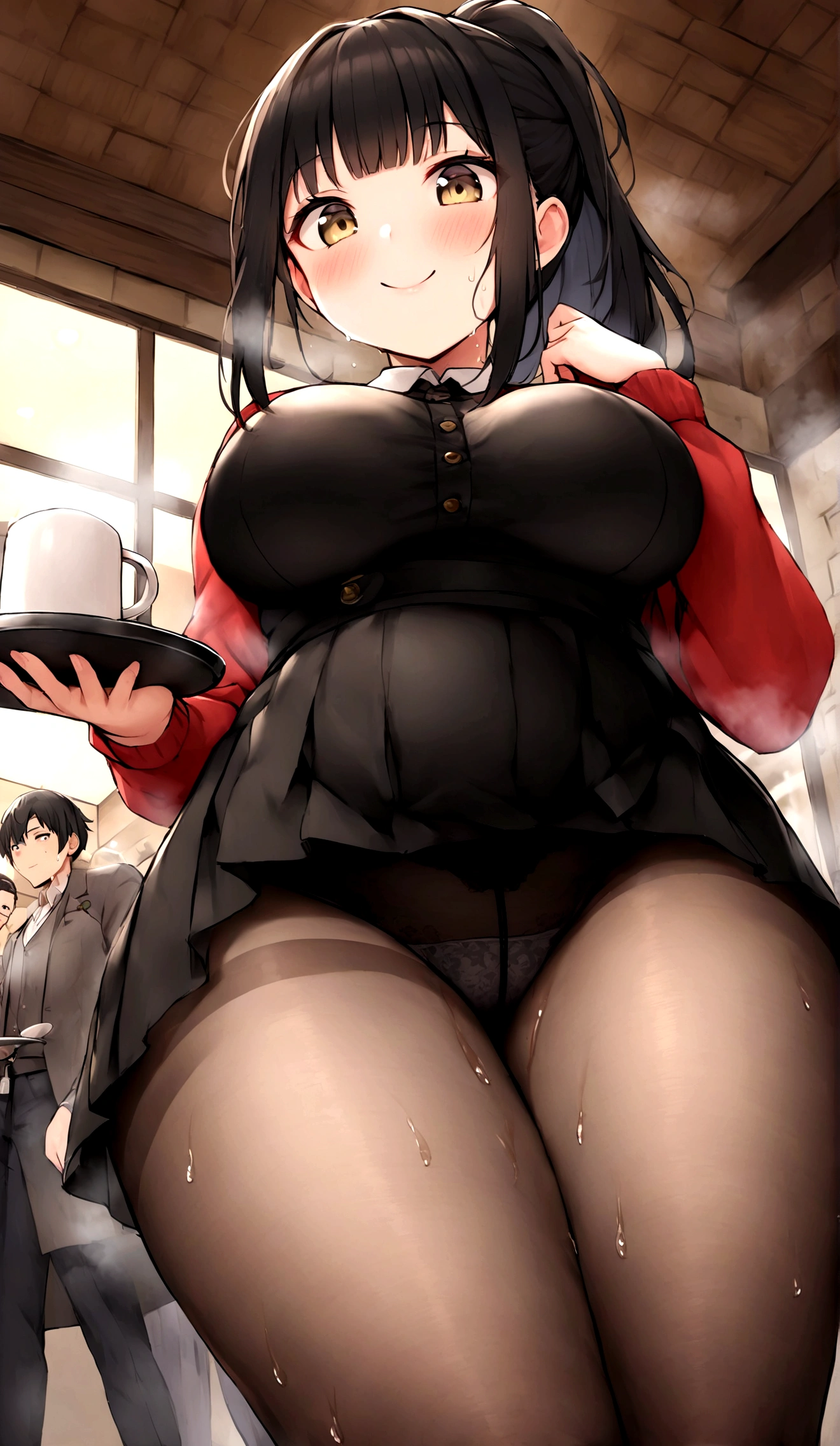 One Woman、One Man、The man is looking up her skirt、Beauty、Cafe、Cafe屋の制服、淫乱Cafe店員、Cafe店員、Age 25、Tight Skirt、Looking down at the viewer, ponytail, Highest quality, Focus on the thighs, smile, Black Pantyhose, panties under pantyhose、Plump thighs、Big Ass、Big 、 Black Hair,My thighs are steaming between the legs 、Sweaty pantyhose、Angle from directly below、Waiting for Obon、Coffee cup on the tray