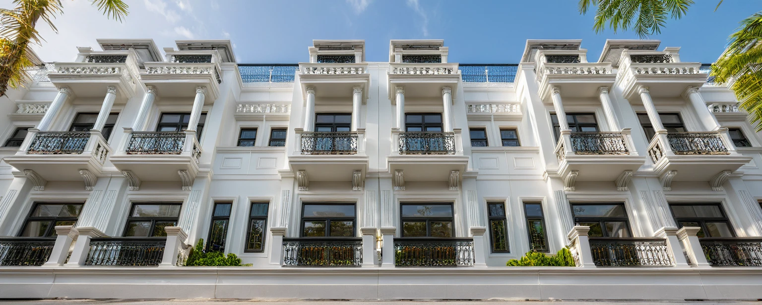 neo classical villa on street, (daylight), tropical tree, vivid colour, streetcapes, white tone, white wall, large glass door, warm interior lighting, wood and marble, best quality, 20ArchiAI_XL_NeoTH-v2