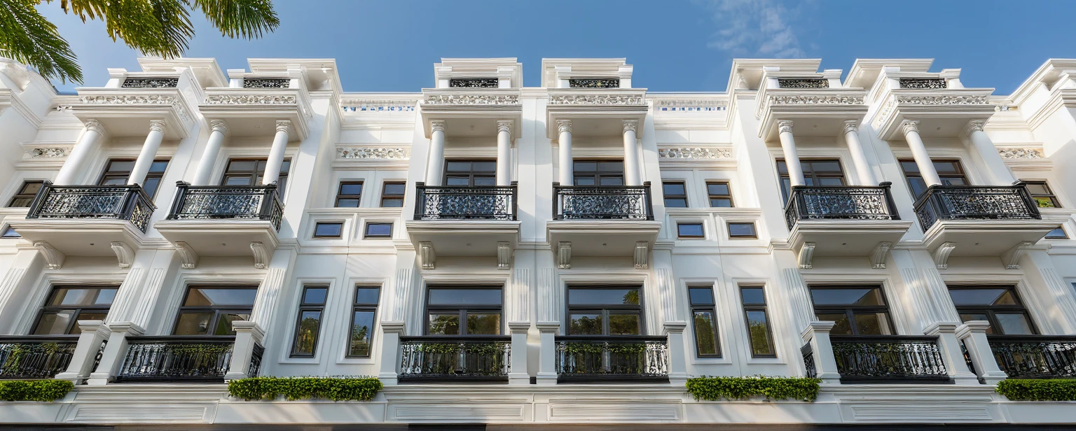 neo classical villa on street, (daylight), tropical tree, vivid colour, streetcapes, white tone, white wall, large glass door, warm interior lighting, wood and marble, best quality, 20ArchiAI_XL_NeoTH-v2