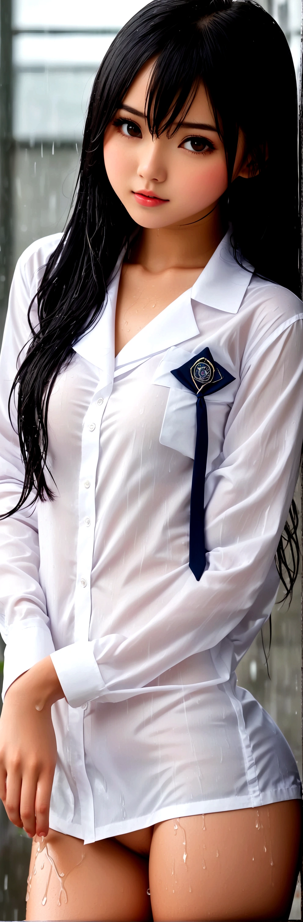 ((Nipples visible through a wet white shirt))、No underwear、Full body view、Long straight black hair、high school student、uniform、sexy、bra、Japanese、、