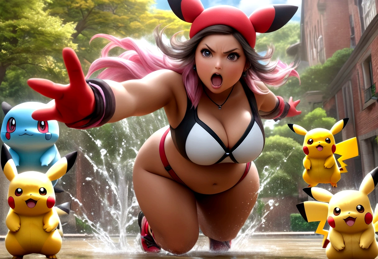 a gorgeous woman, mega busty, colorful bikini, enormous breasts, enormous breasts, enormous breasts, washing sports car, lewd pose, soapy water, photorealistic, 8k, hyperdetailed, vibrant colors, dynamic lighting, cinematic composition, glamour, sensual, erotic art (subject 1:cute woman pokemon trainer) determined look, has tossed a pokeball which releases (subject 2: woman, hourglass figure, large breasts , in pokemon boots and ears, confused and embarrassed, attempting to hand bra) crowded park in daytime, several horny pokemon with large engorged penis gather to sex subject 2. (best quality,4k,8k,highres,masterpiece:1.2),ultra-detailed,(realistic,photorealistic,photo-realistic:1.37),8k, hyperrealistic, extremely detailed, highly detailed, intricate details, soft lighting, vibrant colors, warm palette, dynamic composition, cinematic lighting, depth of field, stunning visuals, striking pose, photorealistic, professional quality, digital art, 3D render, concept art, fantasy, magical realism, whimsical, playful, humorous, (Title "MILFACHU I CHOOSE YOU! USE PUSSY POWER ATTACK!")