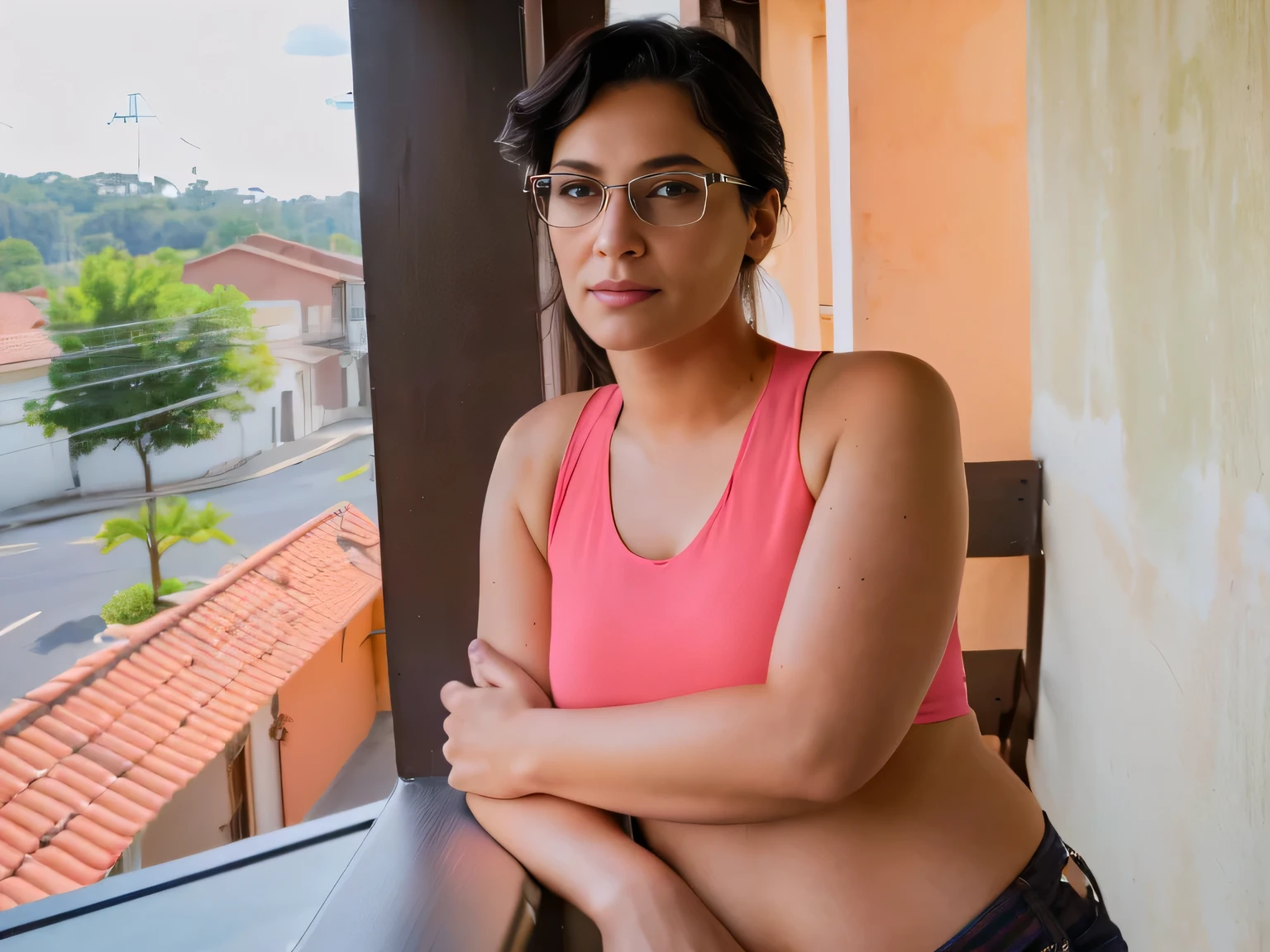 A woman in a hot pink top stands on a balcony, with her arms crossed, wearing glasses, portrait of a woman in her 40s. She has short, dark hair and appears to be wearing casual clothes. The balcony has an orange wall and houses visible in the background.
Woman, ((Masterpiece, best quality)), full body view, detailed skin, highly detailed, cinematic lighting, ultra realistic, dark brown hair, medium hair, portrait, full body view, contrast, close-up, cinematic light, ultra-high resolution, RAW.
Woman with white skin and dark brown hair. She is around 40 years old, 165 cm tall and weighs 56 kg. She has a perfect mouth, a perfect face. Her body exudes glamor and her face is a definition of beauty. Slender body, thin waist. Highly realistic, hyperrealism, very elaborate skin, perfect face. Clear Photo, High Resolution, High Quality, Masterpiece, 16K Photo, High Contrast, Masterpiece, Nude, Nude, NSFWthere is a woman that is standing on a balcony with her arms crossed, 3 5 year brazilian mother, malika favre, by Nándor Katona, portrait of a 40 years old women, 30-year-old woman from cuba, fernanda suarez, pilar, by Fernando Gerassi, by Gina Pellón