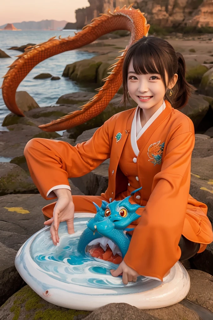 Dragon Avatar, The character takes the form of a dragon, National tide tables, Cute Style, Tang Suit,Cute expression,The content is clear,There is a girl,very happy,Warm colors