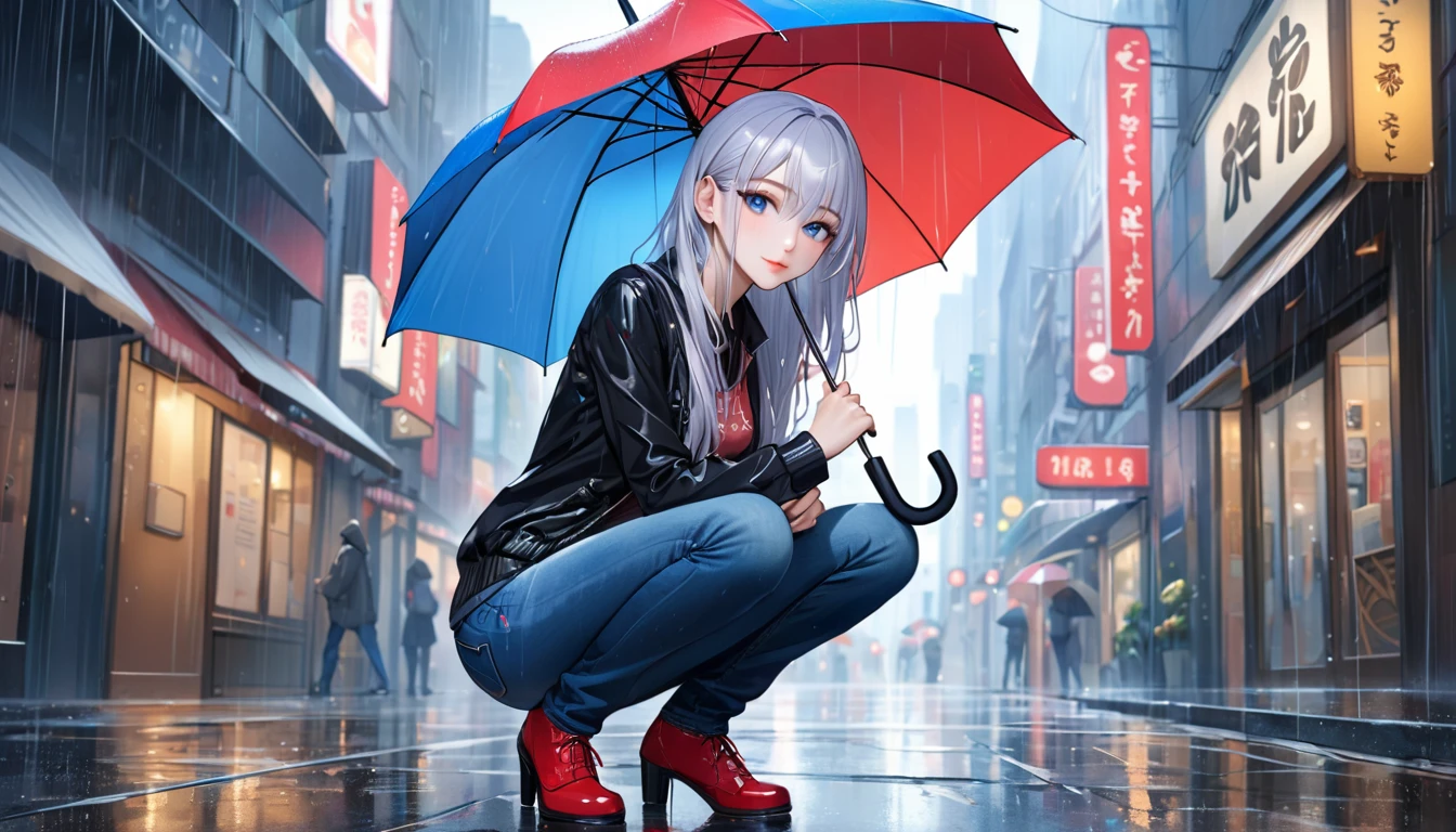 ((Highest quality, masterpiece:1.3, 8K)), (detailed), highly detailed face and skin texture, detailed eyes, Downtown, whole body, Seductive pose, Slender body, One girl, Age 25, White skin, Bright lips, Captivating smile, Long Hair, (amount:1.0), Stylish tops, Jeans pants, Skinny jeans, Blue Jeans, footwear,(((heavy rain))),Sheltering from the Rain,(((Holding an umbrella in his right hand))),Squatting without touching the bottom to the ground,