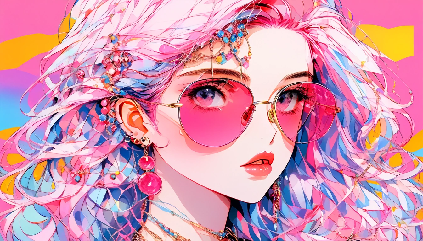 Rainbow Style, One Girl, alone, Long Hair, Big round sunglasses on your head, View your audience, Glowing Eyes Background, jewelry, Mouth closed, Happy, Jacket, Upper Body, Pink Hair, Earrings, Pink Eyes, necklace, From the side, sweater, lips, eyelash, Compensate, Wavy Hair, Earrings, cross, lipstick, ear Earrings, eye shadow, hoop Earrings, pink lips, Variegated eyes, Pink Theme, pink eye shadow, tattoo, Dark Background
