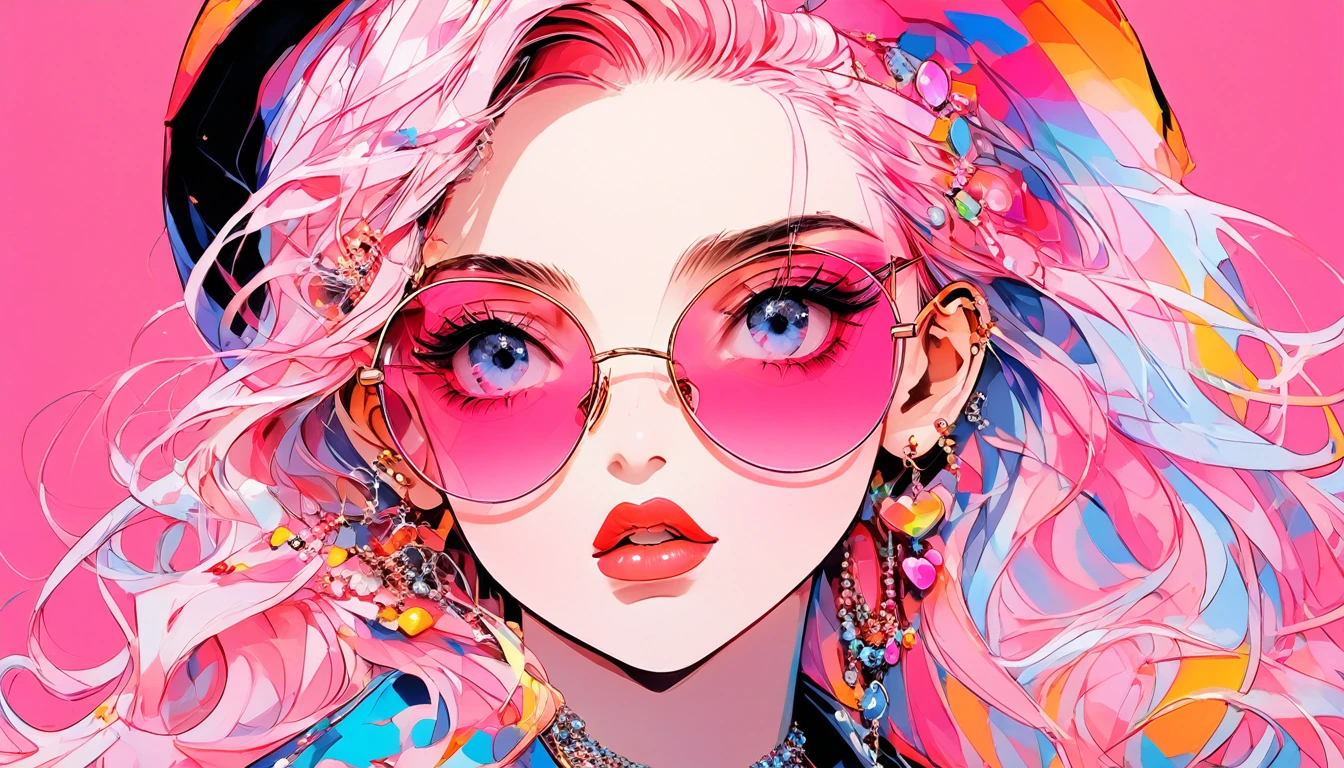 Rainbow Style, One Girl, alone, Long Hair, Big round sunglasses on your head, View your audience, Glowing Eyes Background, jewelry, Mouth closed, Happy, Jacket, Upper Body, Pink Hair, Earrings, Pink Eyes, necklace, From the side, sweater, lips, eyelash, Compensate, Wavy Hair, Earrings, cross, lipstick, ear Earrings, eye shadow, hoop Earrings, pink lips, Variegated eyes, Pink Theme, pink eye shadow, tattoo, Dark Background