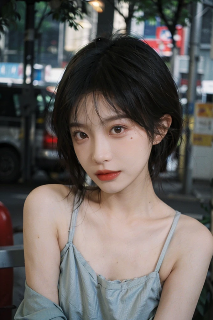 (smooth skin textures:1.3), Lipstick, Upper body,Upper Body,background, earrings, serene, calm, (Dress conservatively:1.6),(Realistic and detailed eyes:1.2), Natural skin texture, Realistic facial details, Soft dramatic lighting, Vivid details, outdoor, (Photo Practical:1.4), (hyper Practical:1.4), (Practical:1.3), (Improve lighting quality:0.9), (Highest quality real skin textures:1.4), (Enhance the beauty of skin texture:1.1), Hair details, model, short hair, Moles under the eyes, Portrait Photography, Depth of Field, Bokeh, Surrealism, Ray Tracing, (Portrait Photography:1.1), Surrealism, High Detail, Chiaroscuro, Ray Tracing, reflected light, Ultra HD, Ultra HD, masterpiece, Textured Skin, Super Detail, High Detail, high quality, best quality
