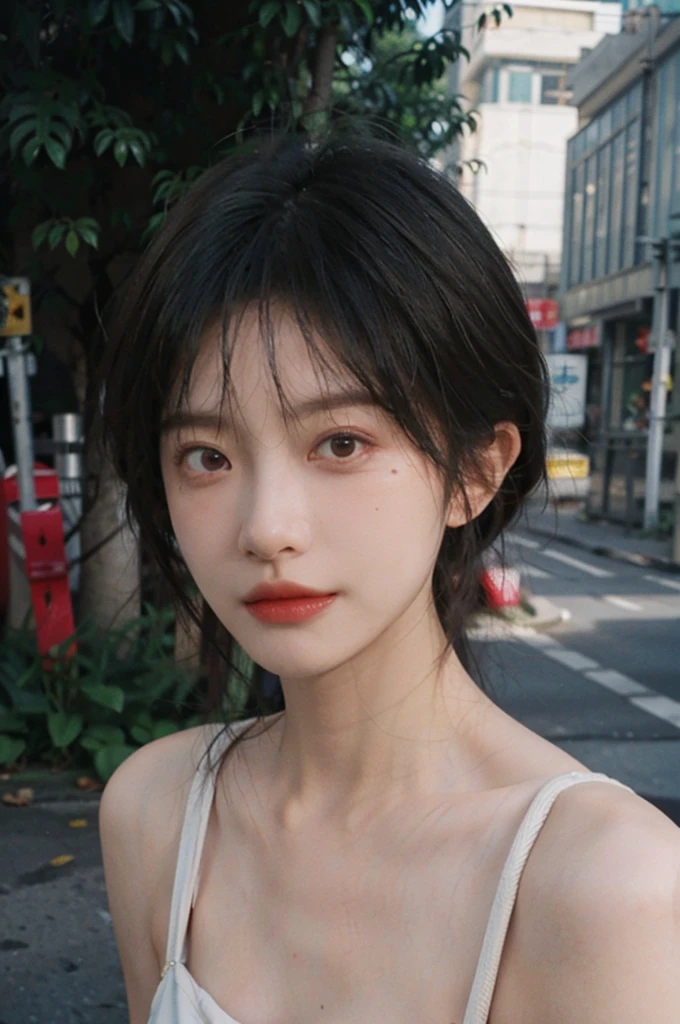 (smooth skin textures:1.3), Lipstick, Upper body，Upper Body，background, earrings, serene, calm, （Dress conservatively：1.6），(Realistic and detailed eyes：1.2）, Natural skin texture, Realistic facial details, Soft dramatic lighting, Vivid details, outdoor, (Photo Practical:1.4), (hyper Practical:1.4), (Practical:1.3), (Improve lighting quality:0.9), (Highest quality real skin textures:1.4), (Enhance the beauty of skin texture:1.1), Hair details, model， short hair, Moles under the eyes, Portrait Photography, Depth of Field, Bokeh, Surrealism, Ray Tracing, (Portrait Photography:1.1), Surrealism, High Detail, Chiaroscuro, Ray Tracing, reflected light, Ultra HD, Ultra HD, masterpiece, Textured Skin, Super Detail, High Detail, high quality, best quality