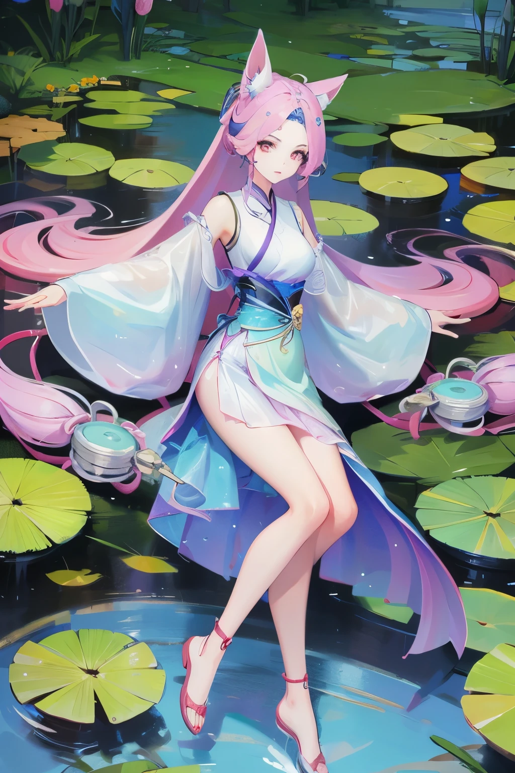 absurd, high resolution, Extremely detailed, (1 Girl:1.3), Hand Painted, Simple lines, 16-year-old girl wearing colorful Chinese Hanfu, Sexy fox ears girl, By the lotus pond, masterpiece, sitting in water, Floating clothes, Flowing hair