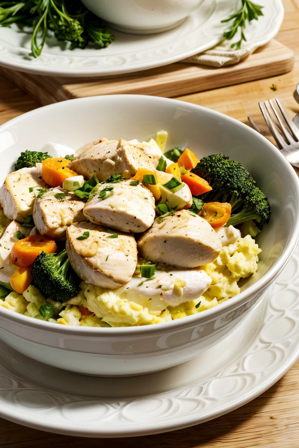 Fresh and elegant wallpaper,Put a bowl of freshly made chicken breast scrambled eggs,Served with vegetables