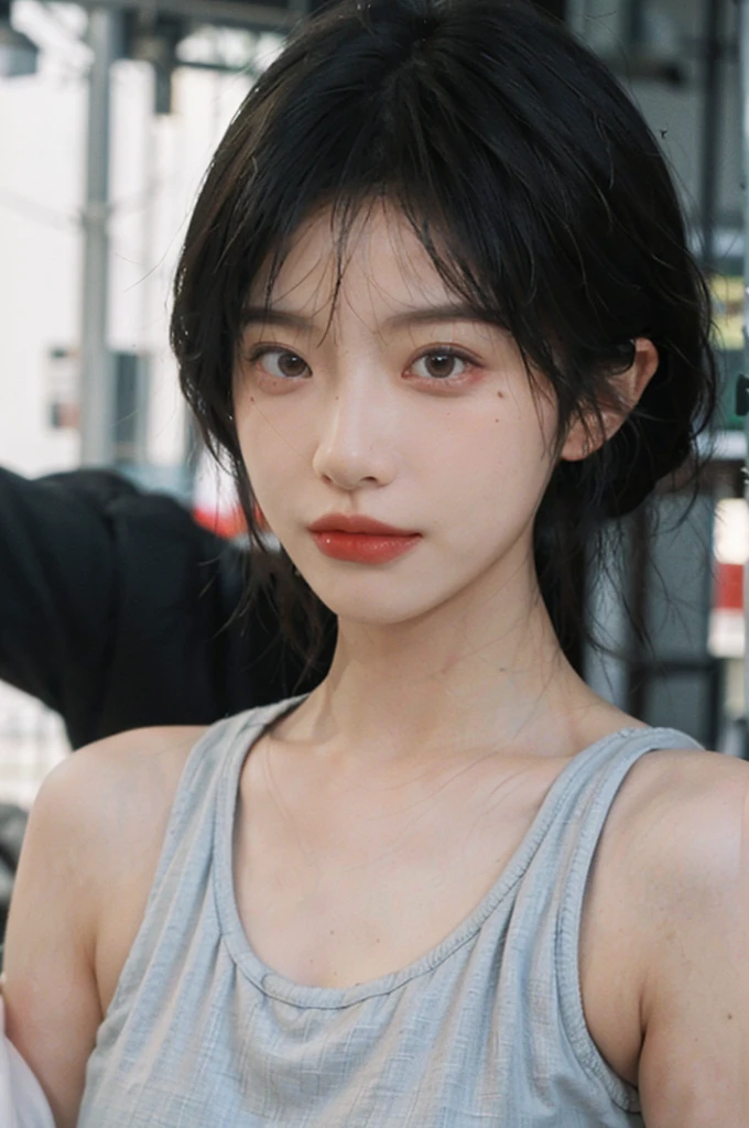 (smooth skin textures:1.3), Lipstick, Upper body,Upper Body,background, earrings, serene, calm, (Dress conservatively:1.6),(Realistic and detailed eyes:1.2), Natural skin texture, Realistic facial details, Soft dramatic lighting, Vivid details, outdoor, (Photo Practical:1.4), (hyper Practical:1.4), (Practical:1.3), (Improve lighting quality:0.9), (Highest quality real skin textures:1.4), (Enhance the beauty of skin texture:1.1), Hair details, model, short hair, Moles under the eyes, Portrait Photography, Depth of Field, Bokeh, Surrealism, Ray Tracing, (Portrait Photography:1.1), Surrealism, High Detail, Chiaroscuro, Ray Tracing, reflected light, Ultra HD, Ultra HD, masterpiece, Textured Skin, Super Detail, High Detail, high quality, best quality