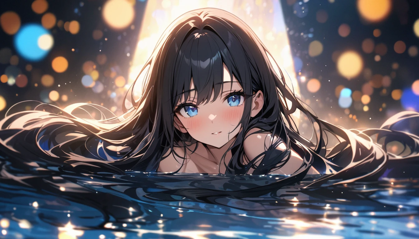 Full resolution, Highest quality, masterpiece, Full HD, Bokeh, particle Bokeh, Depth of written boundary,  Beautiful girls, Very detailed, One girl, pretty girl, Black Hair, Long Hair, Blue water eyes