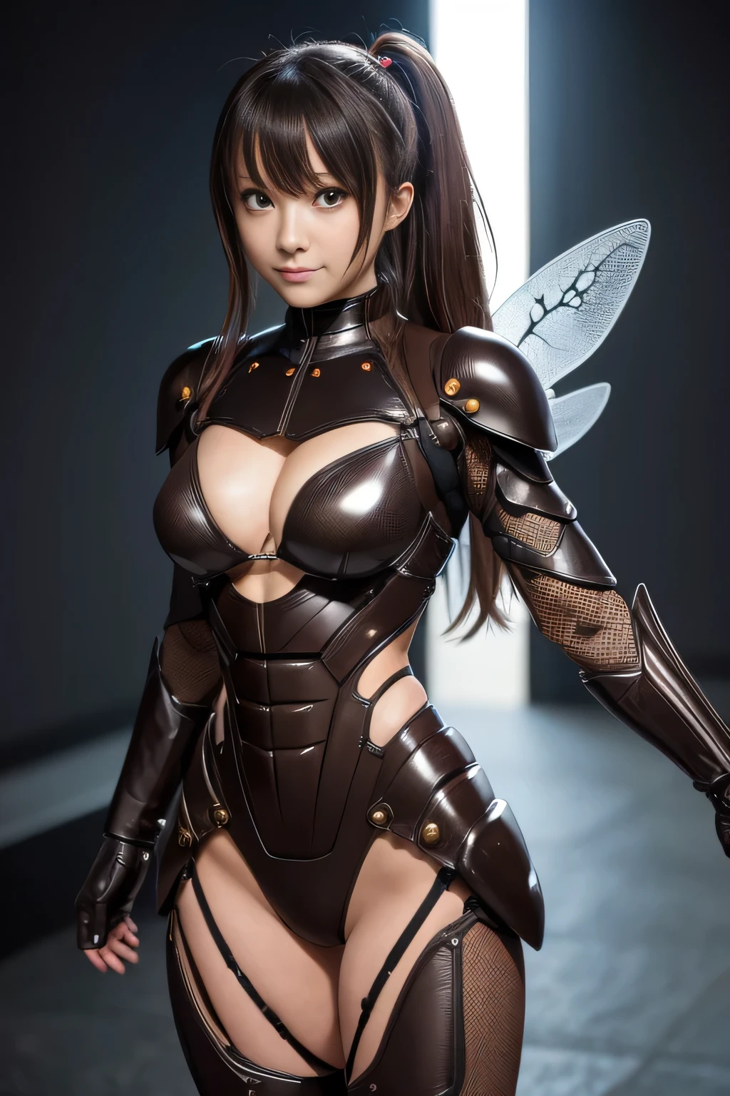 (high resolution,masterpiece,best quality,extremely detailed CG, anime, official art:1.4), realistic, photo, amazing fine details, all intricate, gloss and shiny,awesome many layers, 8k wall paper, 3d, sketch, kawaii, illustration,( solo:1.4), perfect female proportion,villainess, (fusion of dark brown cockroach and lady:1.4), (brown cockroach form lady:1.2), (brown cockroach lady:1.2), (fusion:1.2), (solo:1.4), (evil smile:1.2), muscular, abs, (cockroach brown exoskeleton bio insect suit:1.4), (cockroach brown exoskeleton bio insect armor:1.2), (brown transparency cockroach wing:1.4), (brown cockroach antennae:1.3),