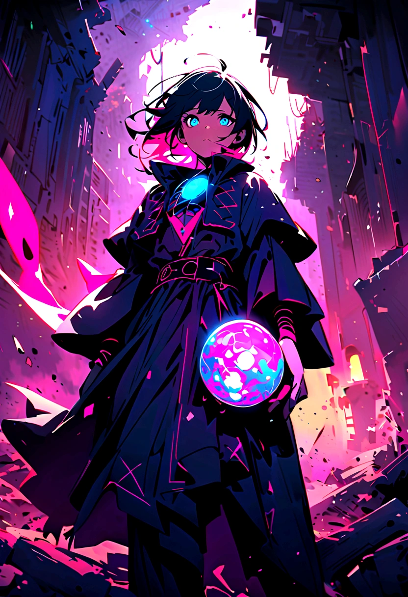 Young wizard with a ball of light floating and shining, In the ruins