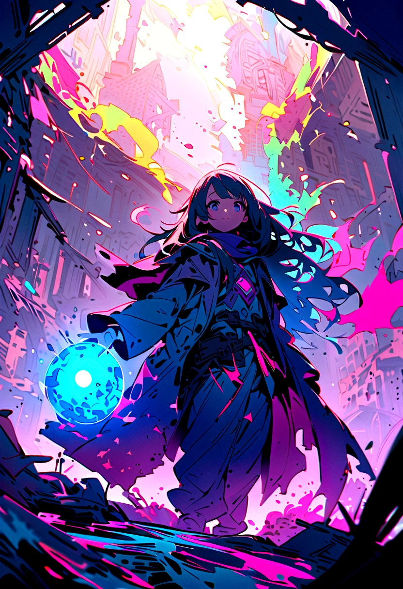 Young wizard with a ball of light floating and shining, In the ruins