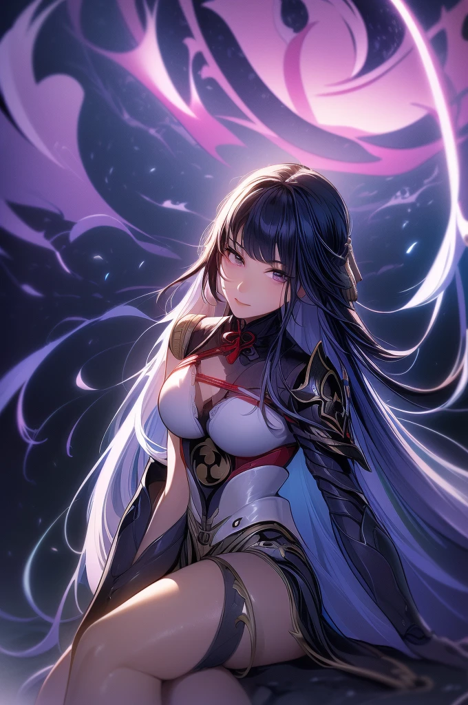 ((raidenshogundef)):1.5, ((masterpiece,Highest quality,Highly detailed images,Beautiful images)), (Image of raidenshogun smiling in front of lightning、Overall dim lighting、Backlight、Fantastic dark atmosphere、Thick Fog、Dust flutters),(raidenshogun is sitting.)1.2, sideboob