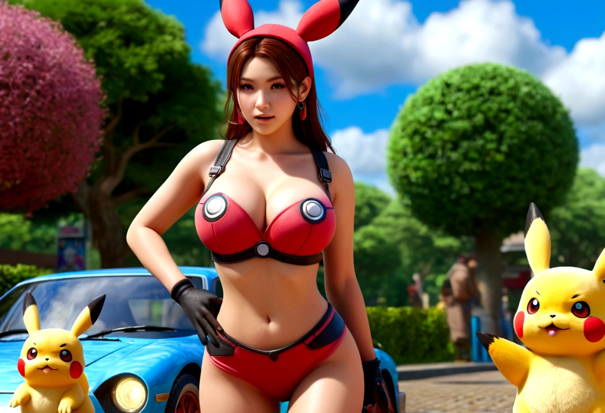 a gorgeous woman, mega busty, colorful bikini, enormous breasts, enormous breasts, enormous breasts, washing sports car, lewd pose, soapy water, photorealistic, 8k, hyperdetailed, vibrant colors, dynamic lighting, cinematic composition, glamour, sensual, erotic art (subject 1:cute woman pokemon trainer) determined look, has tossed a pokeball which releases (subject 2: woman, hourglass figure, large breasts , in pokemon boots and ears, confused and embarrassed, attempting to hand bra) crowded park in daytime, several horny pokemon with large engorged penis gather to sex subject 2. (best quality,4k,8k,highres,masterpiece:1.2),ultra-detailed,(realistic,photorealistic,photo-realistic:1.37),8k, hyperrealistic, extremely detailed, highly detailed, intricate details, soft lighting, vibrant colors, warm palette, dynamic composition, cinematic lighting, depth of field, stunning visuals, striking pose, photorealistic, professional quality, digital art, 3D render, concept art, fantasy, magical realism, whimsical, playful, humorous, (Title "MILFACHU I CHOOSE YOU! USE PUSSY POWER ATTACK!")