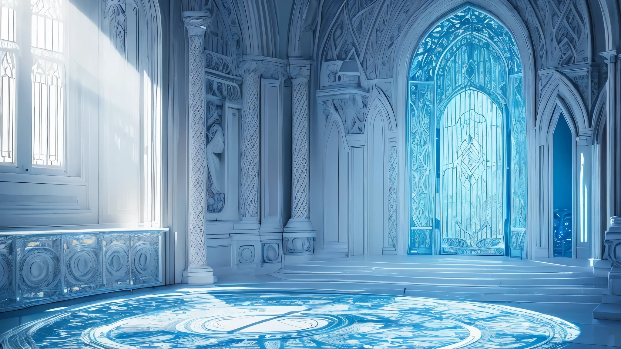 ((white light blues,Bright white,Halo)),masterpiece,top quality,Highly intricate and exquisite details,((The door to forgotten time and space)),Fantasy and surreal interesting dreams,cosmic energy,((Strong sense of time and space,Exquisite bell tower)),Extremely spectacular and shocking visual scenes,Twisted Fusion Glowing Magic,Old ancient covered light blue and white vines,transparent crystal