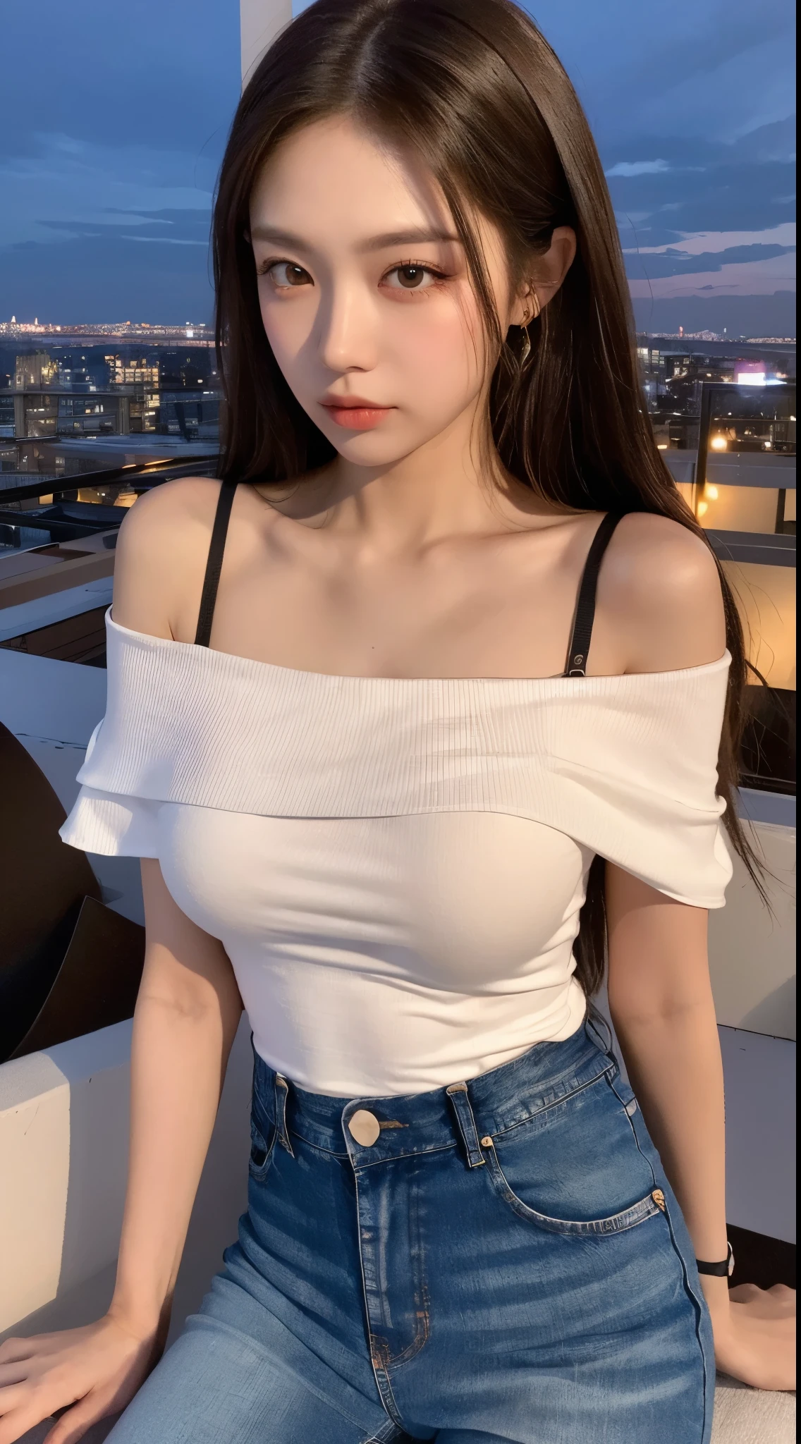 ((midnight, best quality, 8K, masterpiece :1.3)), whole body, long legs, sharp focus :1.2, pretty girl with perfect body :1.4, slim abs :1.1, ((dark brown hair, big bust :1.2)), (white tight t-shirt, bib jeans, standing:1.2), ((night city view, rooftop:1.3)), Highly detailed face and skin texture, detailed eyes, double eyelid, sunset, become dark, backlight, off shoulder