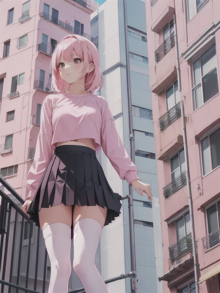 there is a woman standing on a balcony with a pink top, taken with canon eos 5 d, taken with a canon eos 5 d, taken with a canon eos 5d, thighhighs and skirt, pink tight mini-skirt, pink mini-skirt, wearing skirt, mini-skirt, anime girl in real life, very low angle