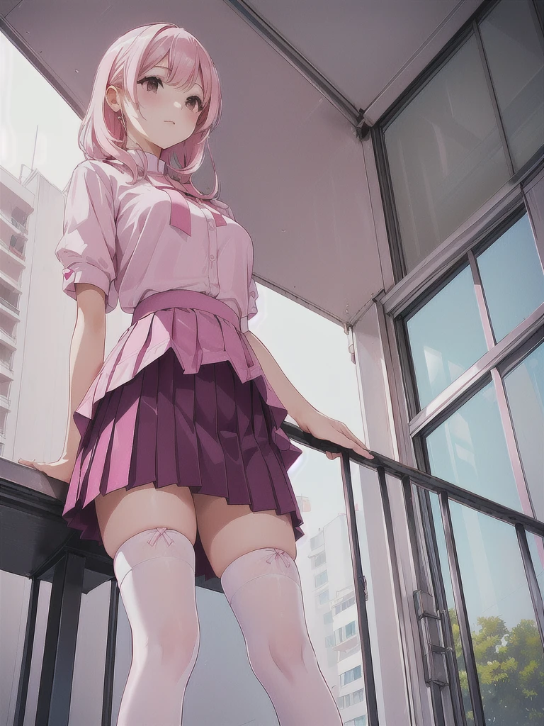 there is a woman standing on a balcony with a pink top, taken with canon eos 5 d, taken with a canon eos 5 d, taken with a canon eos 5d, thighhighs and skirt, pink tight mini-skirt, pink mini-skirt, wearing skirt, mini-skirt, anime girl in real life, very low angle