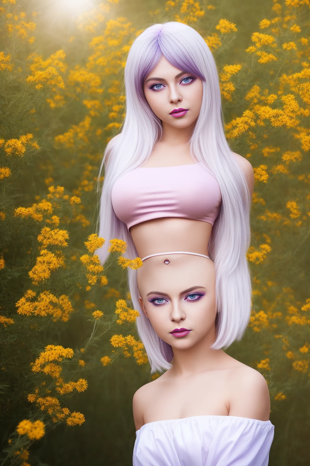 realistic, 1girl, white hair, purple eyes, glowing eyes, crop top, skirt, parted lips, blush, night, flowers, sun, sunlight, looking at viewer