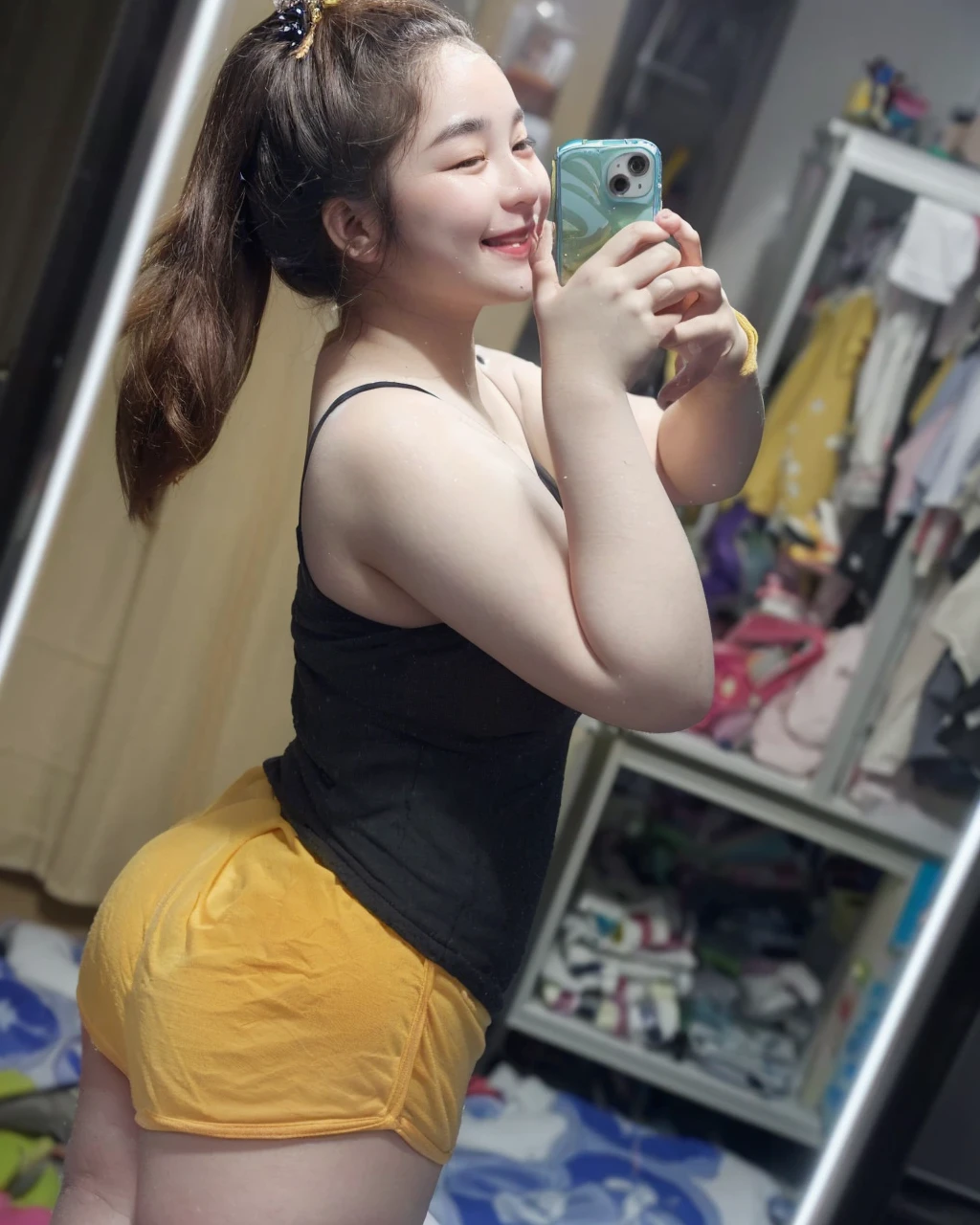 araffes in a yellow shirt and a pink towel taking a selfie, short sleeves, wearing wheat yellow gauze, sleepwear, cute woman, with round cheeks, yellow, cartoonish cute, bbwchan, round cute face, ruan cute vtuber, cheery, cute girl, sie boob, slight cute smile, woman model