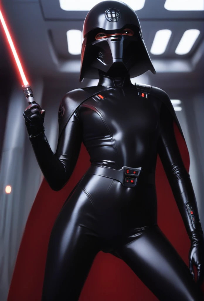 score_9, score_8_up, score_7_up, score_6_up, 2d, rating_questionable, rating_safe, BREAK ((green skin)) Female Twi'lek (((hera syndulla ))), helmet with red visor, star wars, armor,black gloves,tight bodysuit,black cape,black pants, close up, solo, standing, front view, medium breasts, wide hips, holding lightsaber, double edged, action pose, red blade, indoors, sith base, science fiction,