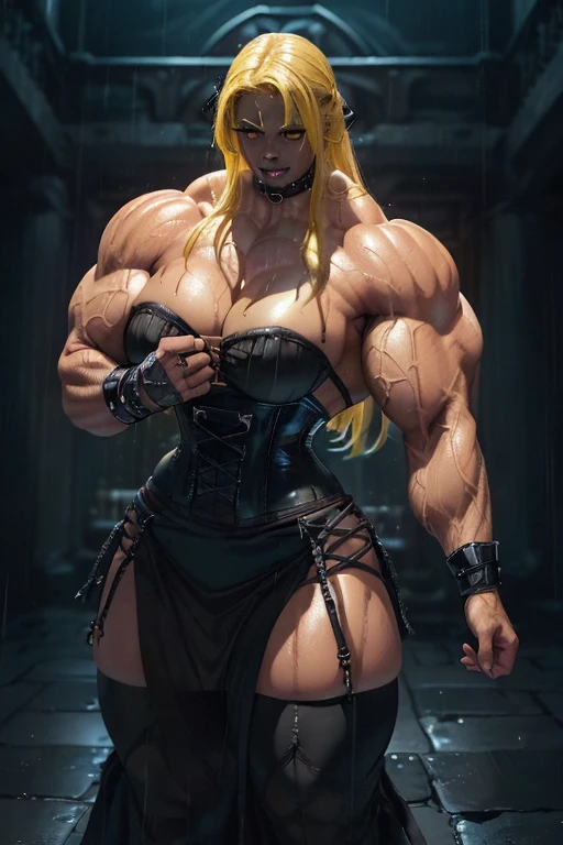 (((((Massive, beautiful, buff, wet, light brown skinned muscular woman with yellow hair, black lipstick, ginormous bulky muscles and wearing a black gothic corset with a long black gothic skirt))))), (close view), massive muscles, hyper muscles, long flowing hair, ((black gothic corset)), ((long black gothic skirt)), gray eyes, choker, (spiked gauntlets), black boots, (in a rainstorm Darkened city), ((Dark and moody universe:1.3)), evil smile, night, massive arms