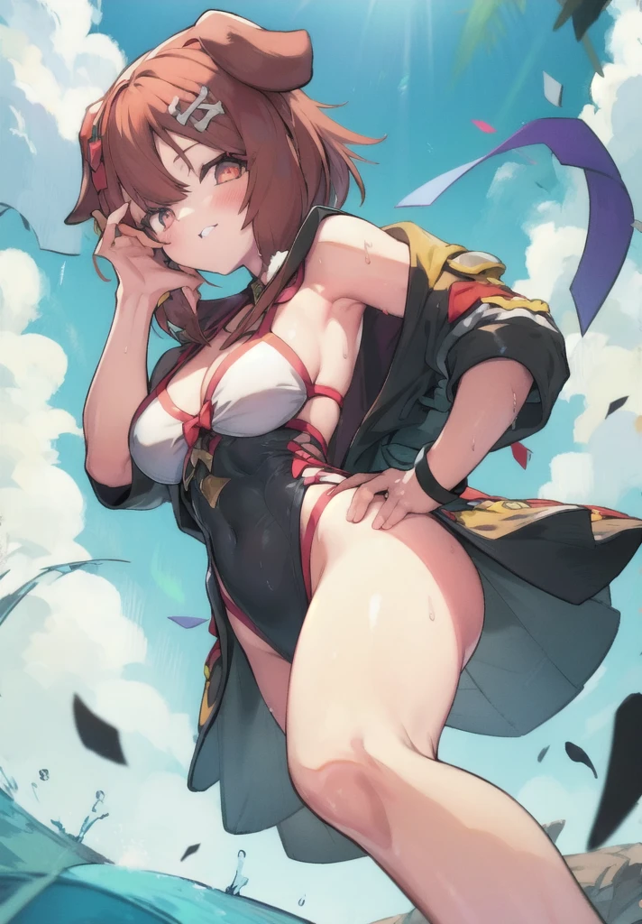 1.5),(girl),(Dynamic pose),Brown Hair,(Vermilion eyes),(first round),Big Breasts,Swimwear