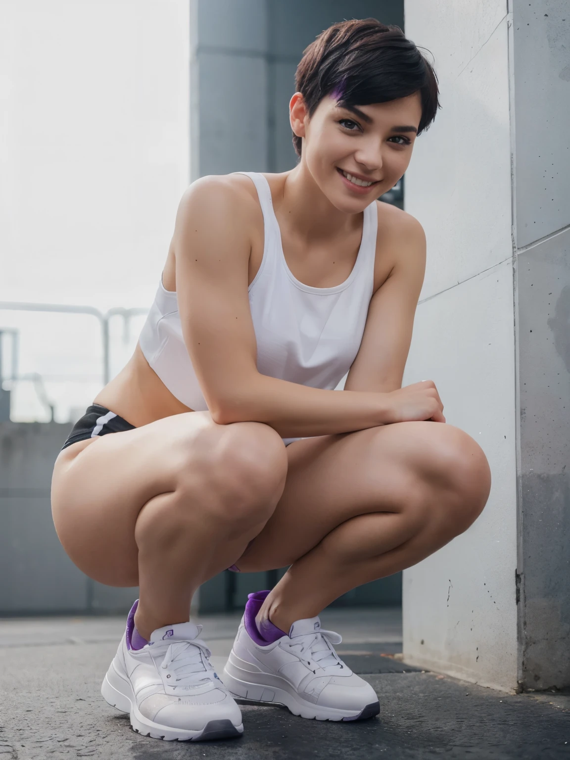 8k, RAW photo, best quality, ultra high resolution, photorealistic, slim girl with black purple short undercut haircut, eye makup, smiling, gym, squat, white sneakers