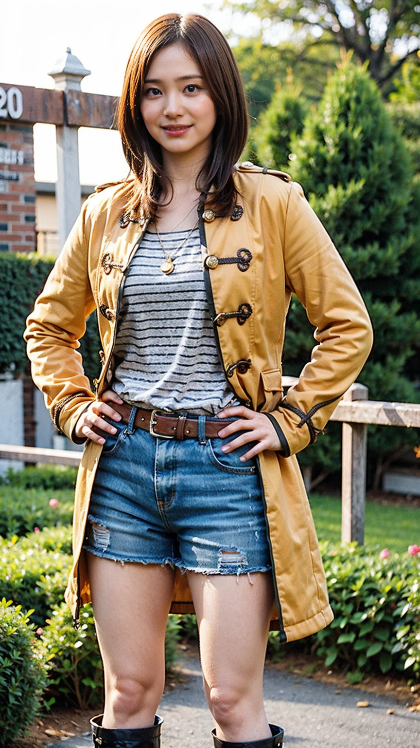 (8K、RAW Photos、Highest quality、masterpiece:1.2)、(Realistic、Realistic)、1 Girl、((Yellow long coat、Black shorts、smile、Thin legs、whole body、boots、one piece、garden、View from the front、Looking into the camera、belt、Stand with hands on hips))、cute