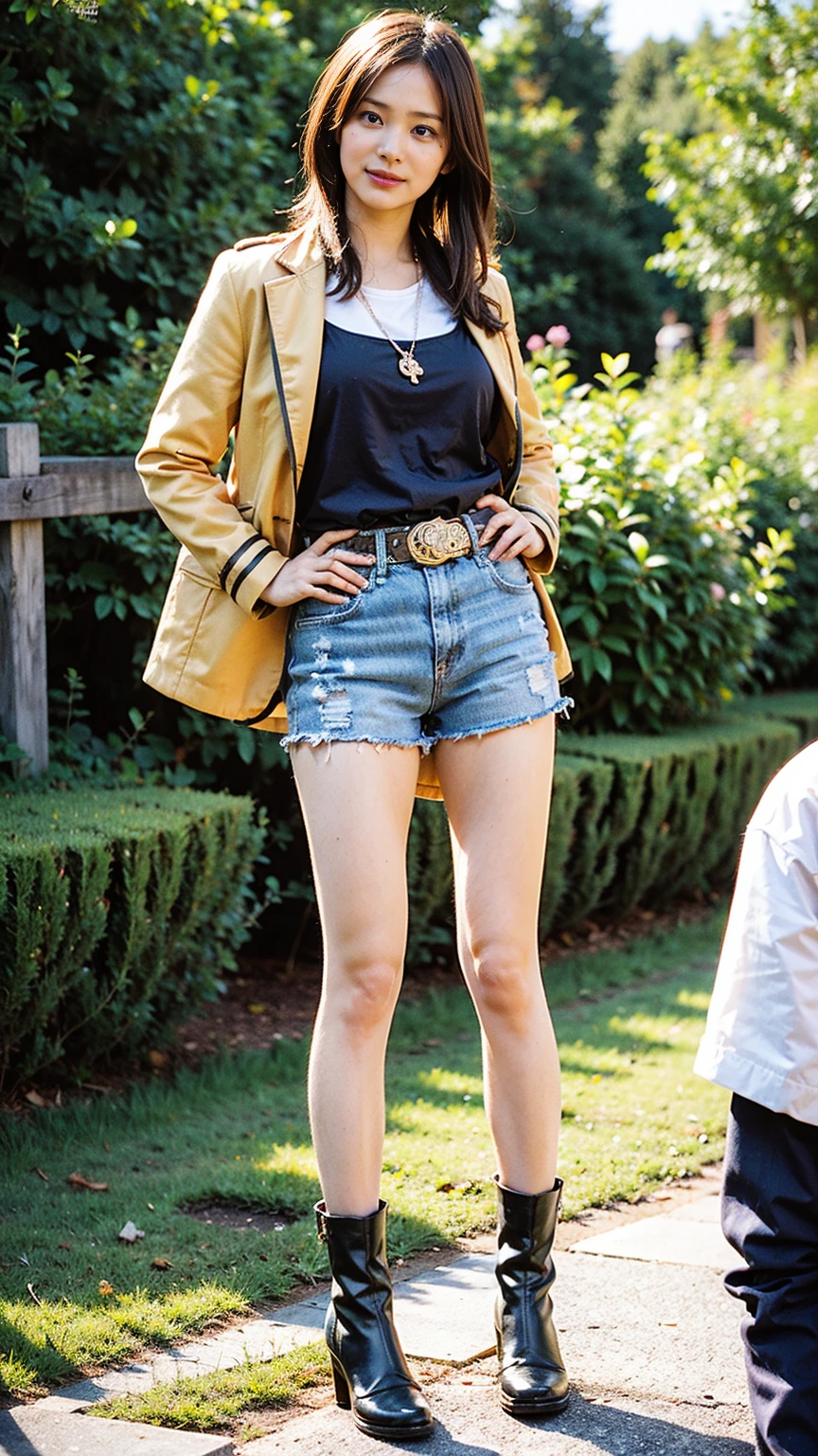 (8K、RAW Photos、Highest quality、masterpiece:1.2)、(Realistic、Realistic)、1 Girl、((Yellow long coat、Black shorts、smile、Thin legs、whole body、boots、one piece、garden、View from the front、Looking into the camera、belt、Stand with hands on hips))、cute