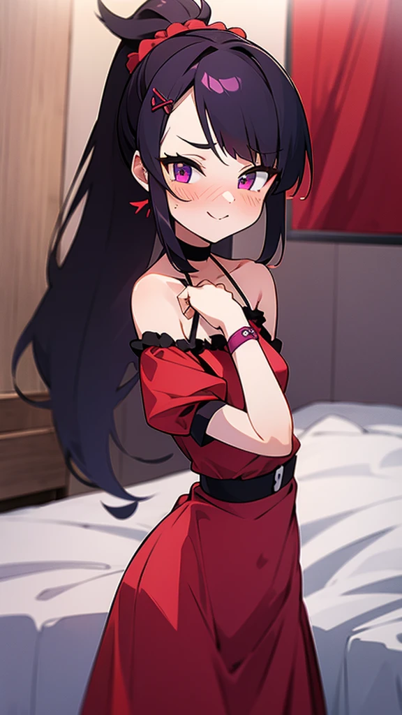 using pantimedies, wavy black hair, piercing look with deep red eyes, average stature, Silky hair with a ponytail hairstyle collected with a red bow with two white lines, with clothes, has a vagina, has breasts, cup of breasts, small breasts, slim, foreground, Session, sitting in her room, sitting on the floor of her room, wearing pantyhose, using pantimedies, Picardias, short skirt, shoes, blouse with straps, blush, opening her legs making her panties visible, open legs, perfect white panty, Skirt fluttering in the wind