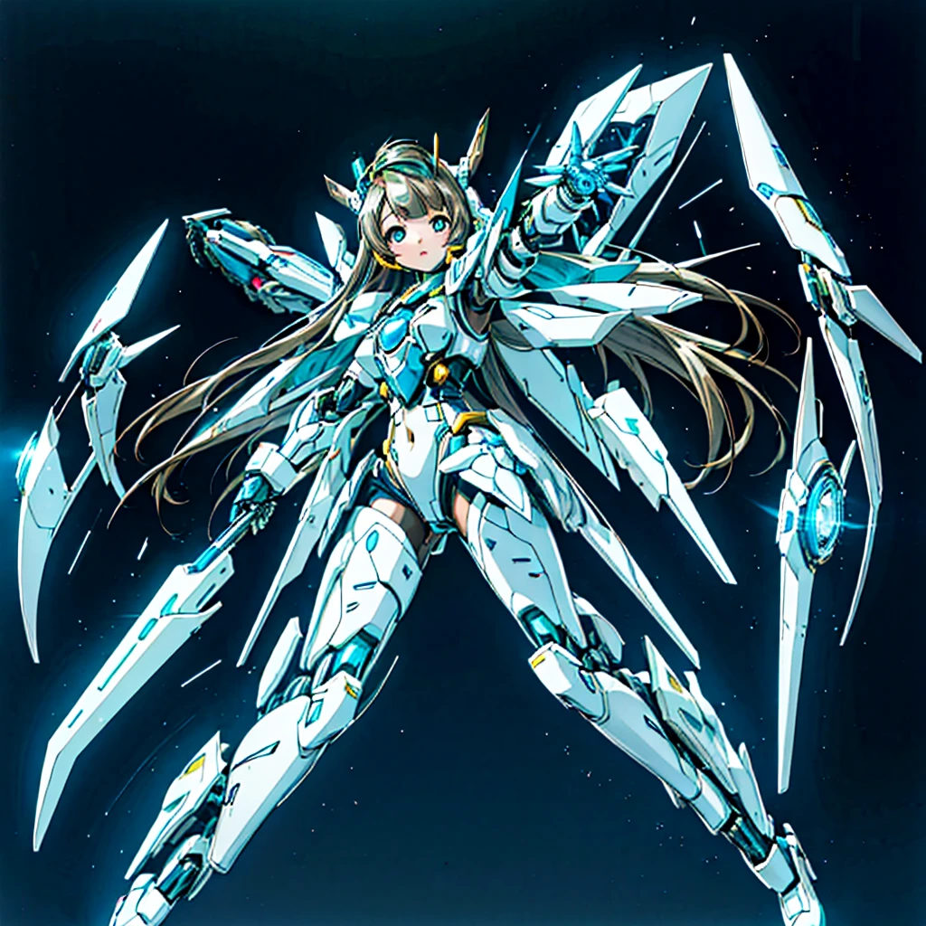 masterpiece, high quality, Minami Kotori, who has been turned into a mechanical body cyborg、Gynoid cyborg body modification surgery、mechanical parts、Blue and white leotard armor、solo focus、Single image、from front, full body、Mechabare、Sexual processing type mechanized genitals、Black background