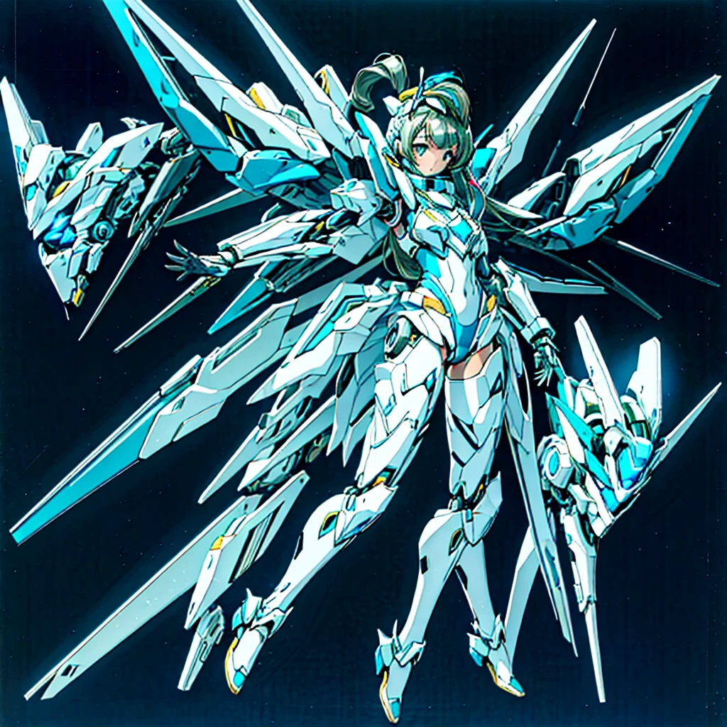 masterpiece, high quality, Minami Kotori, who has been turned into a mechanical body cyborg、Gynoid cyborg body modification surgery、mechanical parts、Blue and white leotard armor、solo focus、Single image、from front, full body、Mechabare、Sexual processing type mechanized genitals、Black background