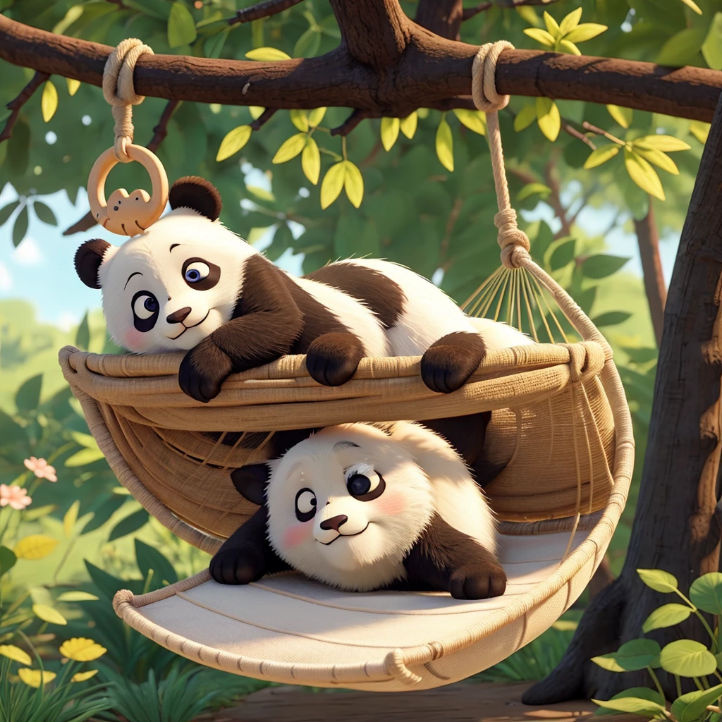 Beautiful girl with cute a panda sleeping on a hammock