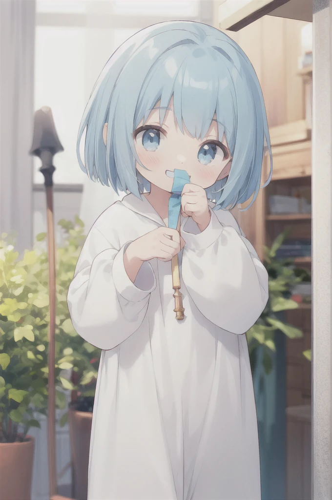 Cute Girls、a little 、Light blue hair、Bob、I do not have anything、1 person、Only the mouth is smiling、White pajamas