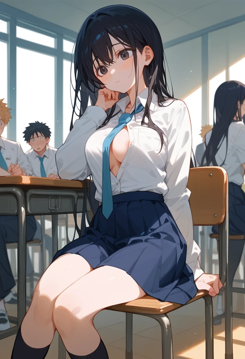 Big Breasts、A girl in a white gym uniform with erect nipples、Navy blue bloomers with a clearly visible slit、barefoot、classroom、A boy in uniform with an erection、Three boys fondling a girl&#39;s breasts